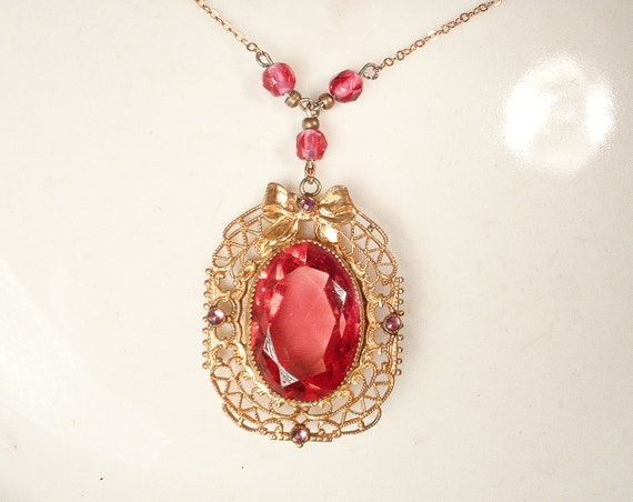 Antique Pink Glass Crystal Filigree Necklace, Vau… - image 6