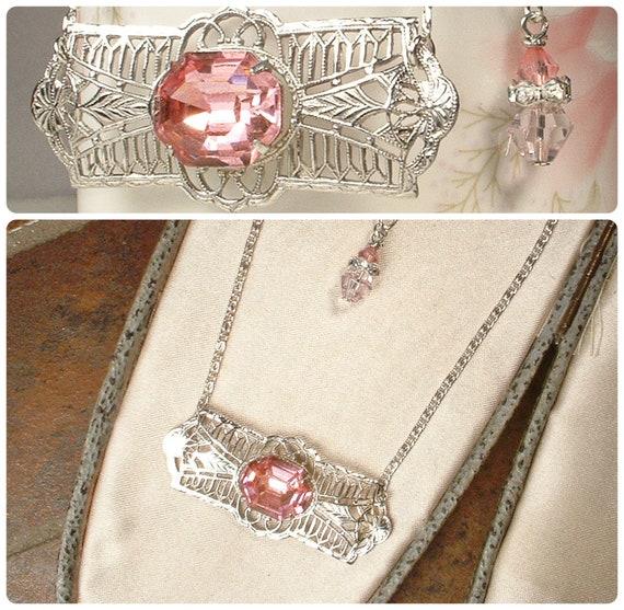 OOAK Antique Pink Crystal Rhinestone Silver Rhodi… - image 1