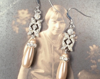 Antique Art Deco Champagne Pearl Earrings, Long Dangle Bridal Earrings Vintage 1920 Sterling Silver Paste Rhinestone Flapper Gatsby Wedding