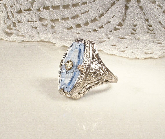 Antique Blue Camphor Glass Ring, 1920s Silver Rho… - image 4