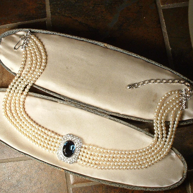 Vintage Sapphire Rhinestone Vanilla White Pearl Choker, Bridal Necklace, Multi 5 Strand Navy Blue Art Deco Designer Princess Diana image 4