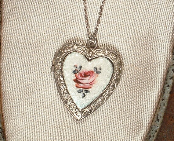 ANTIQUE 1920s Guilloche Rose Heart Necklace,STERL… - image 6