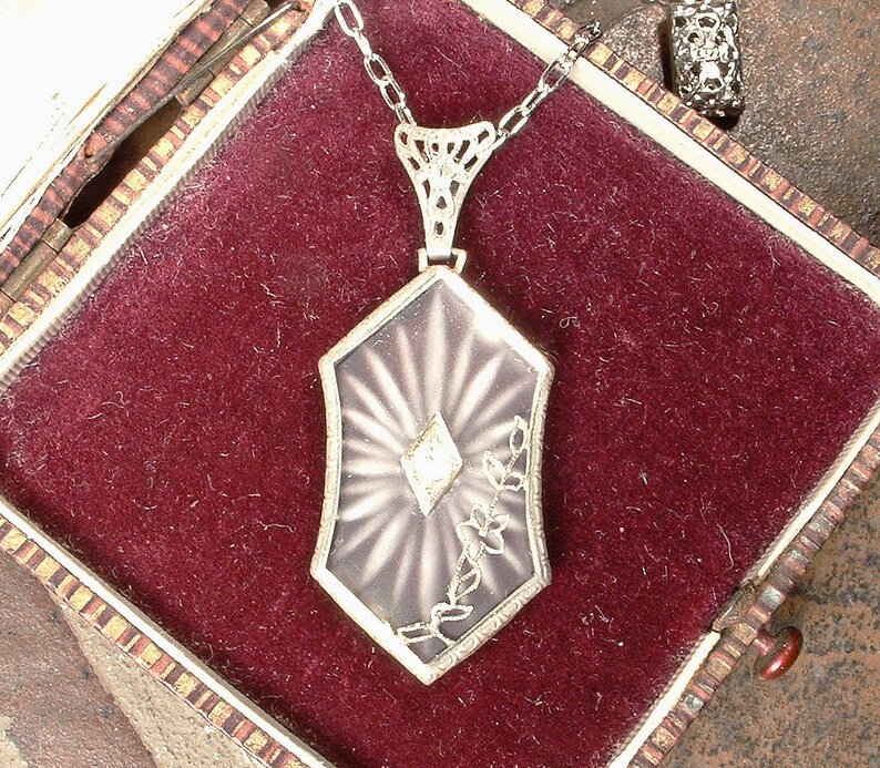 Antique Art Nouveau Camphor Glass Necklace, 1930s Art Deco Sterling Silver Filigree Crystal Rhinestone Pendant,1920s Bridal Vintage Wedding image 3