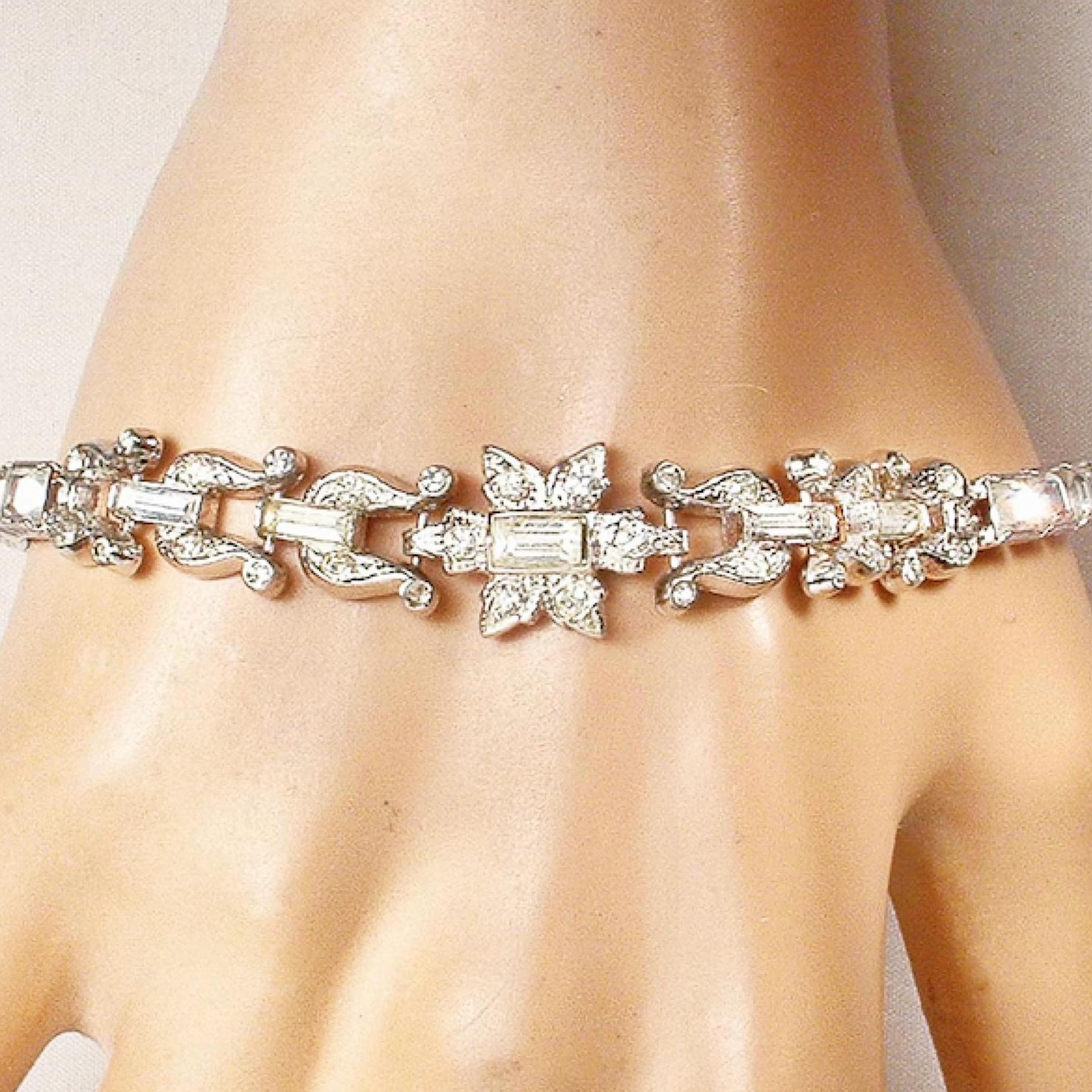LEDO Vintage Art Deco Rhinestone Bracelet, 1920s Bridal/Wedding, Silver Gatsby 1940s Flapper POLCINI Geometric Tennis Something Old PRISTINE