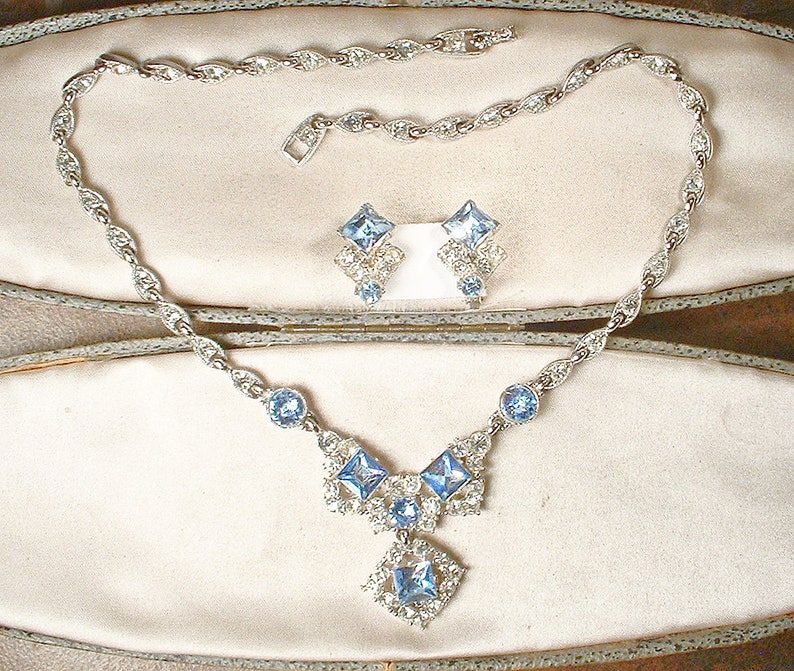 PRISTINE Vintage Ice/Light Blue BOGOFF Rhinestone Necklace/Earring SET,1940s Art Deco Silver Something Old Bridal Wedding Choker Clip On image 4