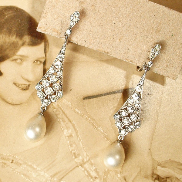 Vintage Art Deco Long STeRLiNG SiLVeR Ivory Cultured Pearl Rhinestone Dangle Earrings, SCP England CIRO Gatsby 1920s Bridal/Wedding Screw On