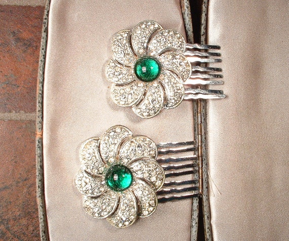 ANTIQUE 1920s Emerald Green Art Deco Hair Comb Pa… - image 7