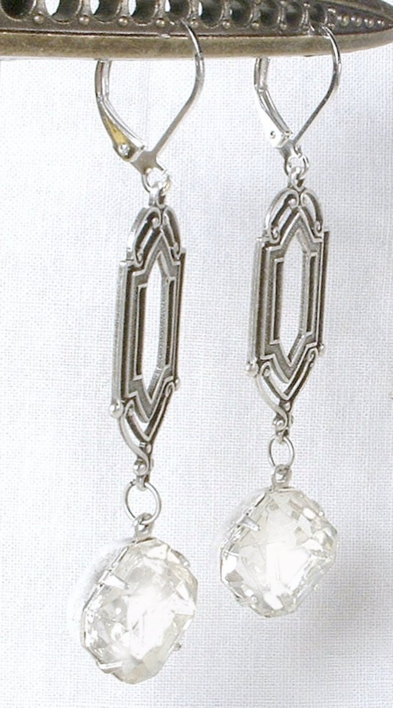 Vintage Art Deco Rhinestone Dangle Earrings Long Square Clear Etsy