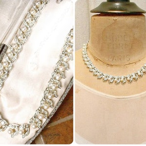 PRISTINE Vintage Art Deco Ivory Pearl Bridal Necklace, 1940s Wedding Crystal Rhinestone Glass Pearl Silver Leaf Choker Lacy Statement 1950