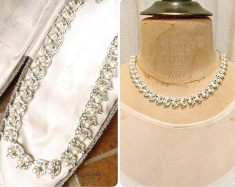 PRISTINE Vintage Art Deco Elfenbein Perle Braut Halskette, 1940er Hochzeit Kristall Strass Glas Perle Blattsilber Choker Spitzen Statement 1950