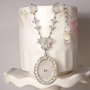 1920s Camphor Glass Pendant Necklace, Art Deco Silver Paste Rhinestone Bridal, Antique Edwardian Vintage Wedding Jewelry Flapper Gift