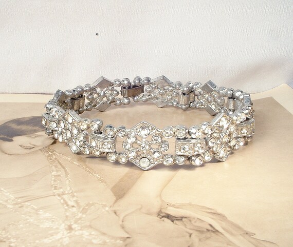 Antique Art Deco Bracelet,Pave Paste Crystal Rhin… - image 5