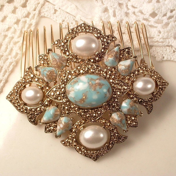 1920s Antique Gold Turquoise Blue Sash Brooch or Bridal Hair Comb Headpiece,Southwestern Aqua Ivory Pearl Rose Gold Vintage,  Rustic Country