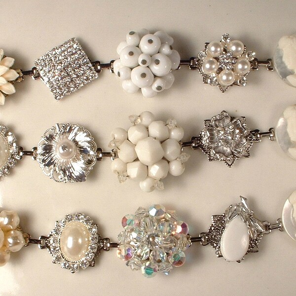 Vintage OOAK Shades of Ivory and White Pearl, Rhinestone & Cameo Bridesmaids Bridal Silver Bracelets, Heirloom Cluster Earring Set 3 Wedding