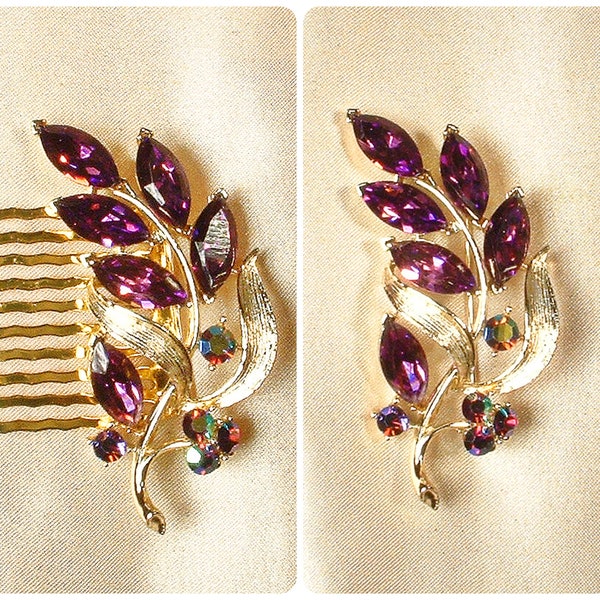 Vintage LISNER Purple Leaf Bridal Hair Comb OR Dress Sash Brooch,Plum Rhinestone Vintage Gold Wedding Headpiece Head Piece 1950s 1960s Gift