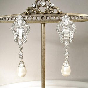 1920s Art Deco Ivory Pearl Bridal Dangle Earrings, Long Silver Rhinestone Vintage Wedding Statement, Edwardian Gatsby Drops Chandelier