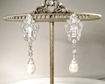 1920s Art Deco Ivory Pearl Bridal Dangle Earrings, Long Silver Rhinestone Vintage Wedding Statement, Edwardian Gatsby Drops Chandelier