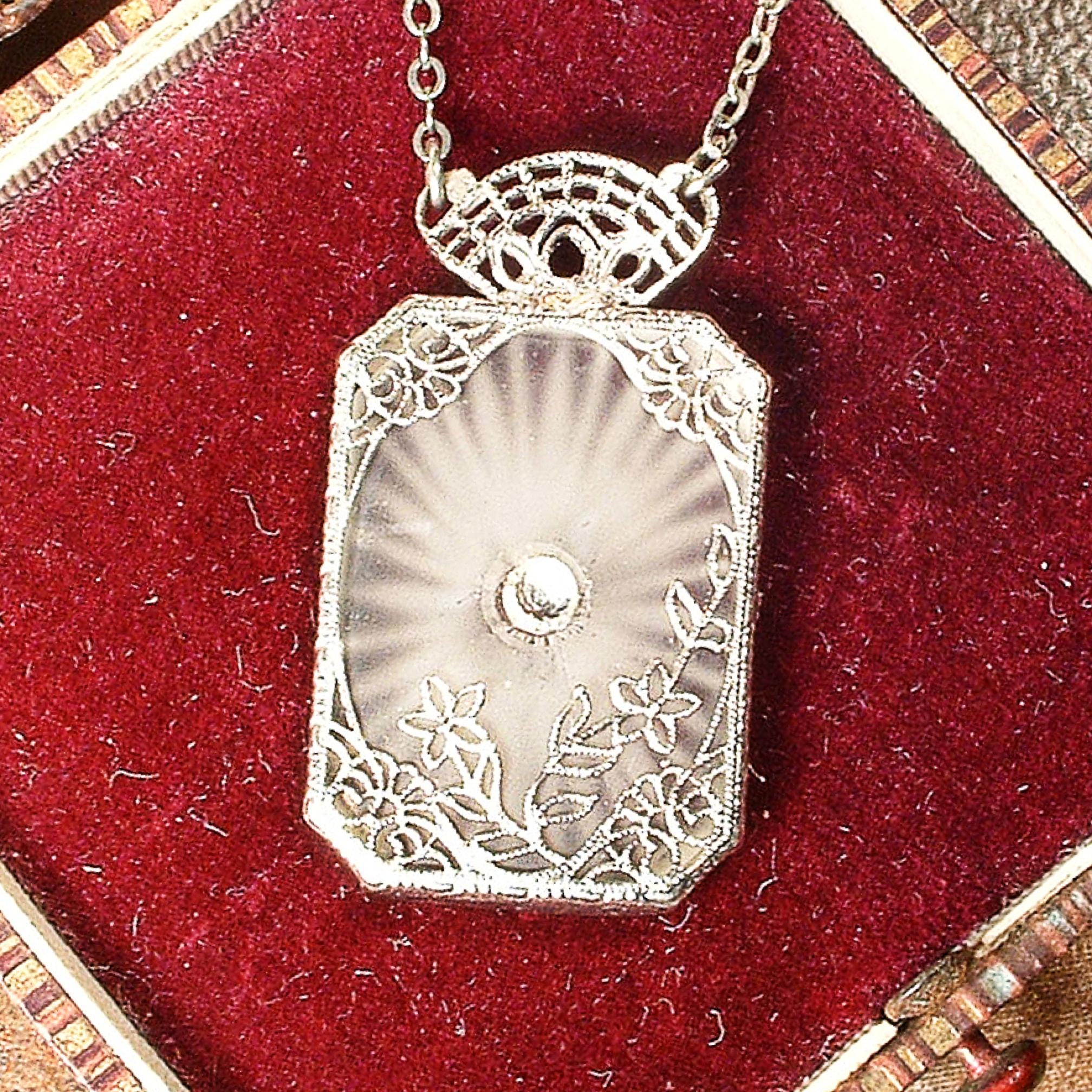 1920s Vintage Camphor Glass Necklace, Art Deco/Nouveau Silver Rhodium Filigree Rhinestone Pendant Bridal, 1930s Wedding Antique Flapper Gift