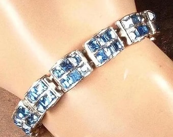Vintage Art Deco Sapphire/Royal Blue Rhinestone Bracelet,ORA Geometric Silver Crystal,Flapper 1920s Wedding/Bridal Gatsby Something Old 1940
