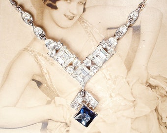 Vintage 1940s BOGOFF Navy Sapphire Rhinestone Art Deco Necklace,1920s Wedding Bridal Silver Statement Choker,Something Blue Old Great Gatsby