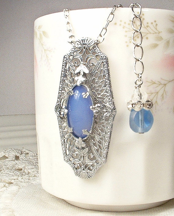 ANTiQue 1930s Art Deco Blue Chalcedony Gem Silver… - image 7