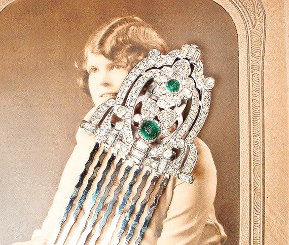 ANTiQue Emerald Green Rhinestone Bridal Hair Comb… - image 9
