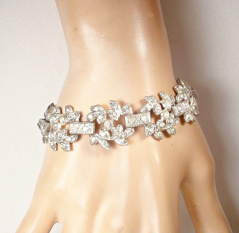 Antique Art Deco Paste Rhinestone Bridal Bracelet, Vintage 1930s Wide Crystal Leaf Link Bracelet, 1920s Wedding Great Gatsby/Rustic Chic image 7