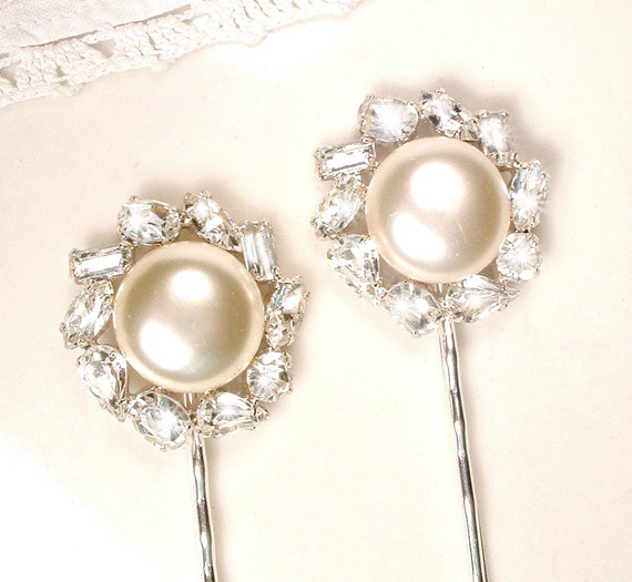 Vintage Ivory Pearl Rhinestone Bridal Hair Pin Pair Vintage Etsy