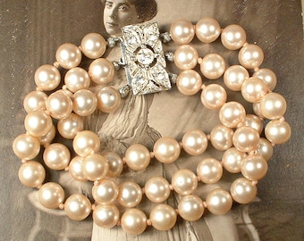 Vintage Art Deco Glass Ivory Pearl Bridal Bracelet, Vintage Wedding Multi Strand Vanilla, Silver Rhinestone Gatsby Old Hollywood Glam 1940s