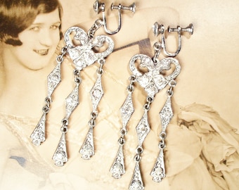 ANTiQUe 1920s Art Deco Paste Rhinestone Flapper Earrings, Long Dangle Chandelier Downton Abbey Gatsby Bridal 1920 Wedding Screw On/Posts