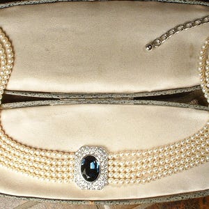 Vintage Sapphire Rhinestone Vanilla White Pearl Choker, Bridal Necklace, Multi 5 Strand Navy Blue Art Deco Designer Princess Diana image 7