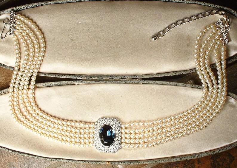 Vintage Sapphire Rhinestone Vanilla White Pearl Choker, Bridal Necklace, Multi 5 Strand Navy Blue Art Deco Designer Princess Diana image 7