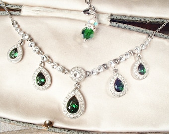 PRISTINE Vintage CAROLEE Art Deco Glam Emerald Rhinestone Necklace, Silver Pave Green Crystal Drop Bridal/Wedding Great Gatsby Flapper