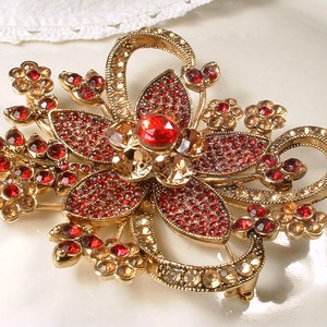 Vintage Red Brooch/Hair Comb, Large Gold Garnet Ruby Rhinestone Wedding Dress Sash/Bridal Headpiece, Wedding Flower Hairpiece Chinese Indian image 5