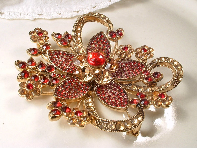 Vintage Red Brooch/Hair Comb, Large Gold Garnet Ruby Rhinestone Wedding Dress Sash/Bridal Headpiece, Wedding Flower Hairpiece Chinese Indian image 5