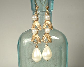 Vintage CHAREL Gold Leaf Pearl Dangle Earrings, Garden Wedding/Bridal White Ivory Glass Teardrop Pearls
