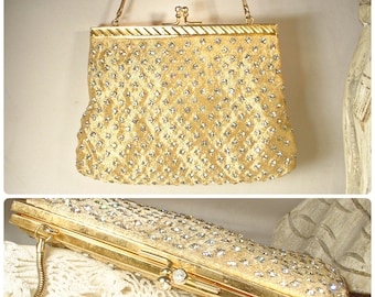 EXCELLENT Crystal RHINESTONE Art Deco Vintage Gold Lame Bridal Purse, Flapper Beaded Clutch Evening Bag, Wedding Old Hollywood Glam Handbag