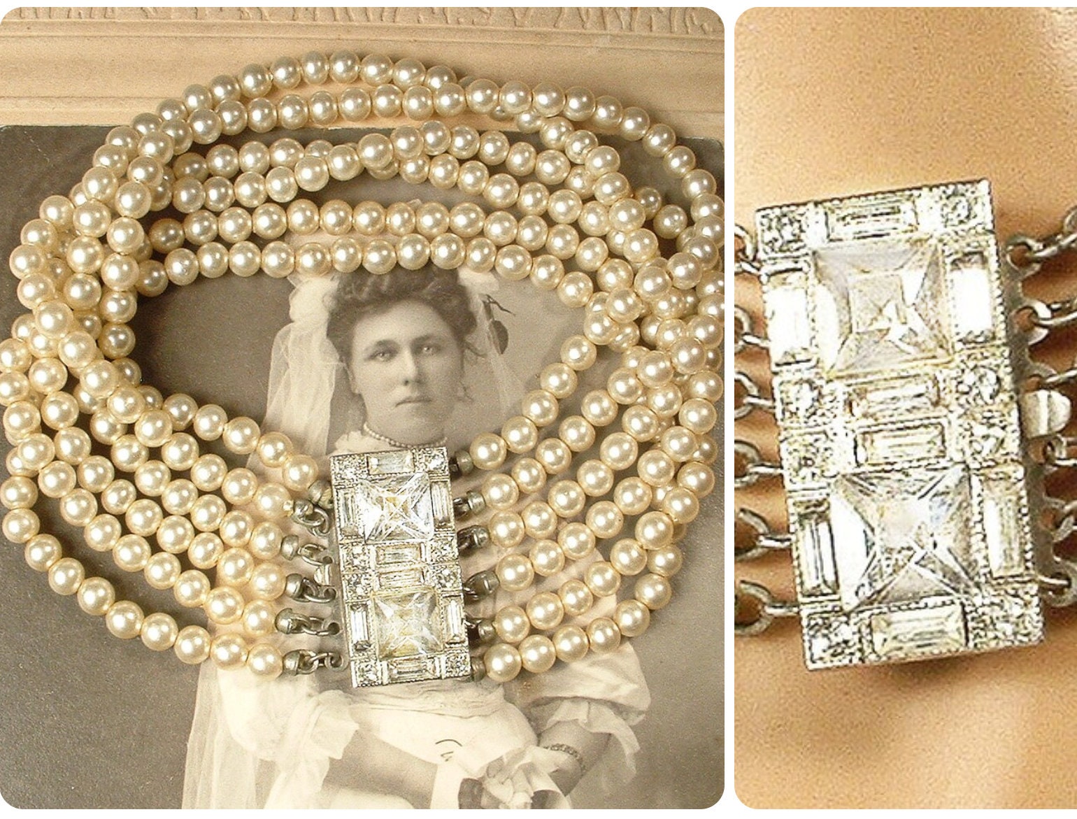 Vintage 1930s Champagne Ivory Glass Pearl Bridal Bracelet Art 