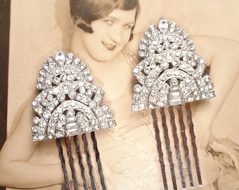 Antique 1930s Rhinestone Bridal Hair Comb OR Dress Clip PAIR,Art Deco Something Old 1920s Head Piece Gatsby Vintage Wedding Silver Headpiece