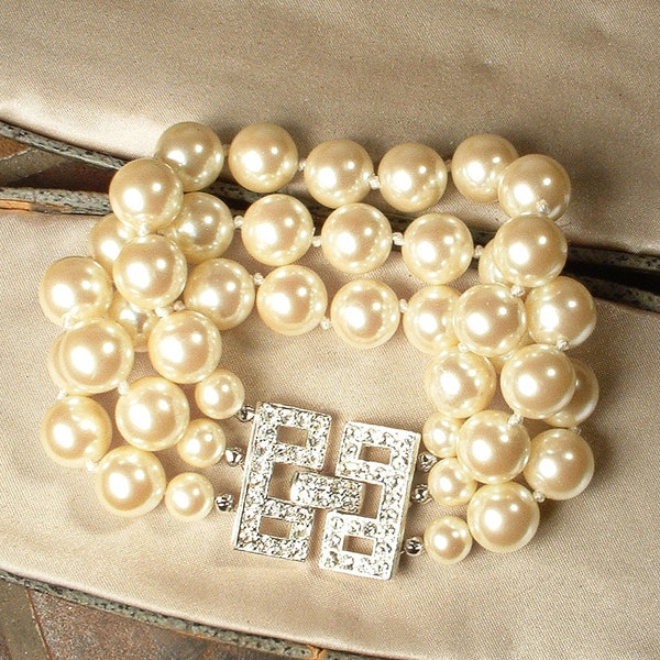 PRISTINE Vintage Rhinestone Champagne Ivory Pearl Art Deco Bridal Bracelet,CAROLEE Multi Three Strand Glass Pearl Silver Clasp 1920s Flapper