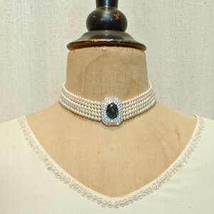 Vintage Sapphire Rhinestone Vanilla White Pearl Choker, Bridal Necklace, Multi 5 Strand Navy Blue Art Deco Designer Princess Diana image 9