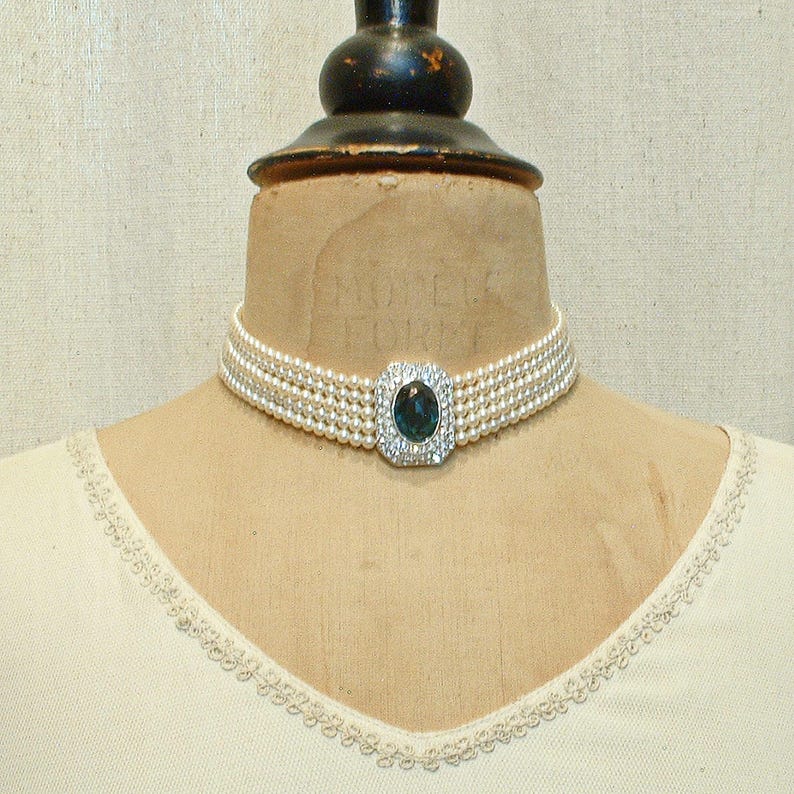 Vintage Sapphire Rhinestone Vanilla White Pearl Choker, Bridal Necklace, Multi 5 Strand Navy Blue Art Deco Designer Princess Diana image 9
