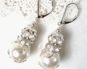 Rhinestone Pearl Ball Dangle Earrings, Lacy Silver Leaf Ivory/Off White Drop Bridal/Wedding