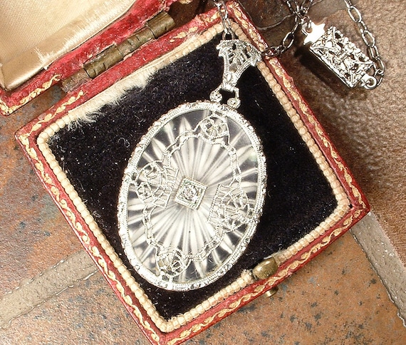 Antique Art Deco Camphor Glass Necklace, Silver R… - image 5