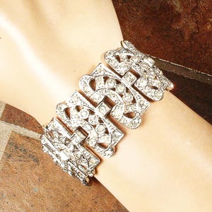 Vintage Art Deco Rhinestone Bracelet, WIDE Silver Paste Crystal Flapper Gatsby Bridal 1920s Wedding Hollywood Glam Something Old Gift Cuff