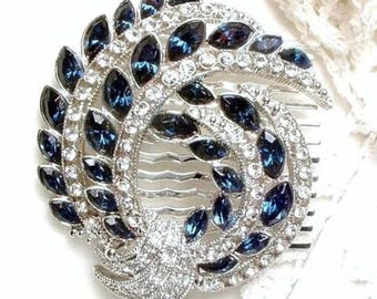 Peineta nupcial vintage de zafiro de los años 20, estilo art déco, azul marino, con diamantes de imitación y cristal plateado, ideal como tocado o joya de boda, regalo.