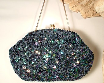 PRISTINE Walborg NAVY Blau Perlen Geldbörse, Clutch/Handgelenktasche Abendtasche, Vintage Handtasche Braut Flapper 1950er Jahre Dunkelblau etwas Altes