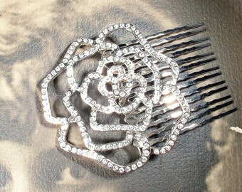 Vintage Rose Art Deco Bridal Hair Comb/Wedding Dress Sash Brooch, Silver Rhinestone Flower Headpiece Something Old Head Piece 1920s