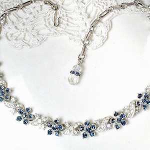 Vintage NAVY Sapphire Rhinestone Art Deco Necklace, 1920s Wedding Bridal Silver Designer Statement Choker, Something Blue Old Modern Lisner