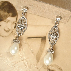 Vintage Art Deco Marcasite Ivory Pearl Earrings, Antique STeRLiNG SiLVeR Rhinestone Glass Pearl Bridal Dangle,1920s 1930s Wedding Long Drop image 8